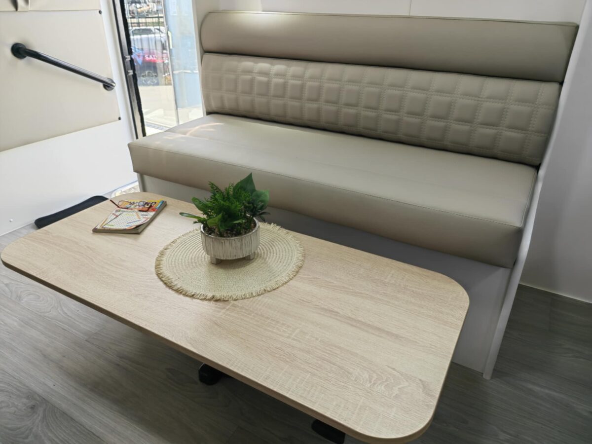 Caravan closeup, benchstyle seat, dropdown table