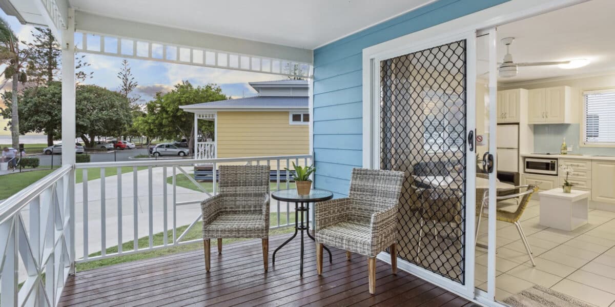 A raised deck provides a welcome place to relax at the Scarborough Holiday Village