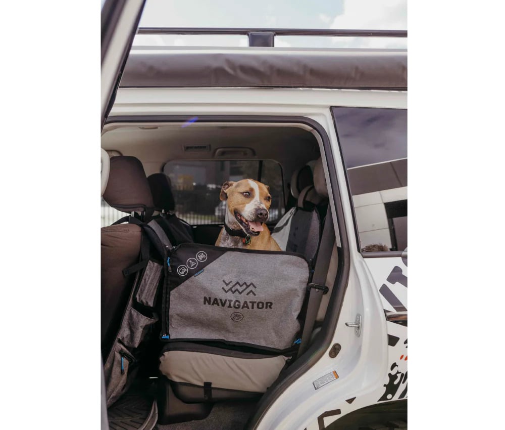 A dog sets within a Navigator Dog Seat Buddy in the back seat o a 4WD ready for camp