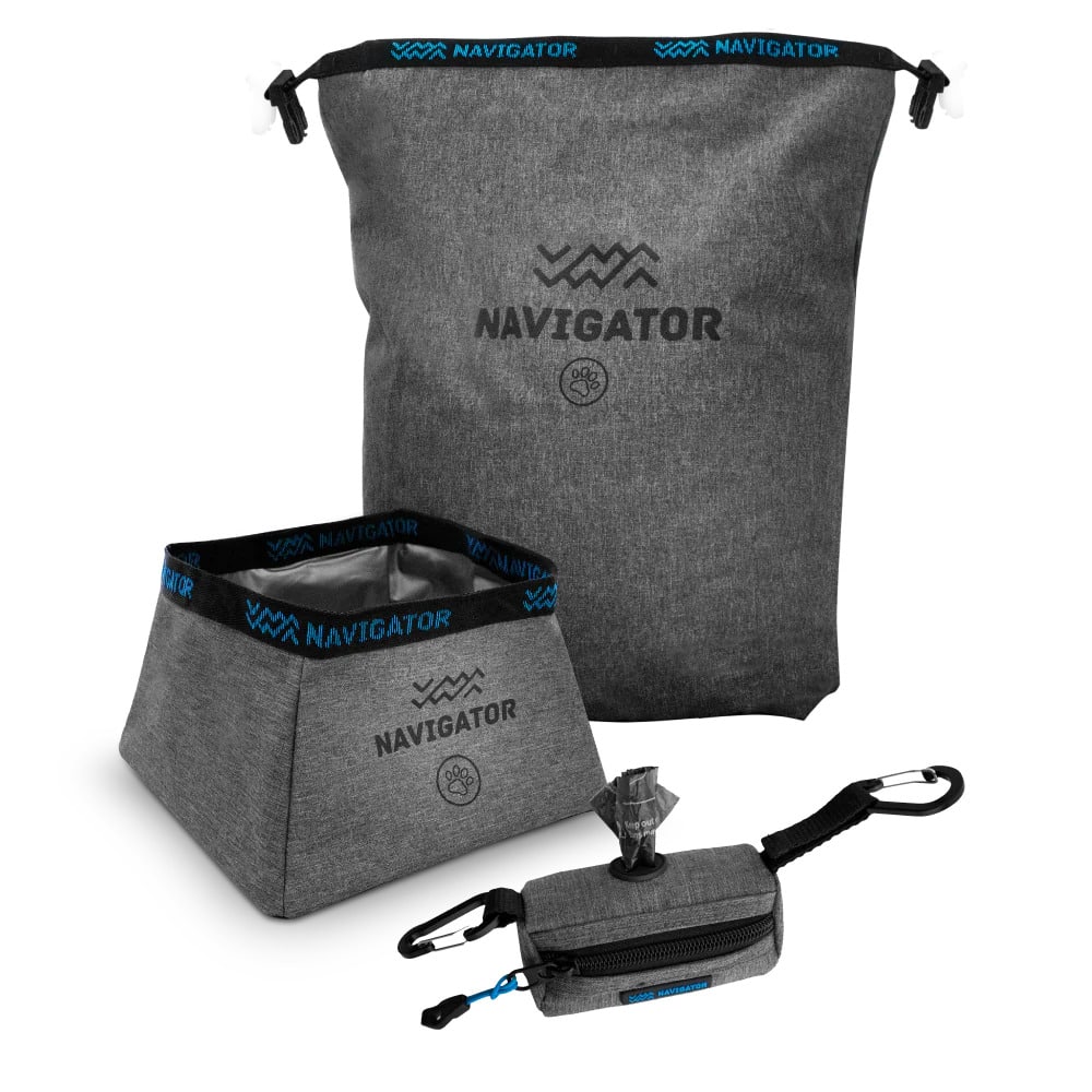 A pack shot of the three piece dog travel buddy from Navigator featuring stowage for dry dog food, a lined fabric water bowl and a storage vessel for poo bags