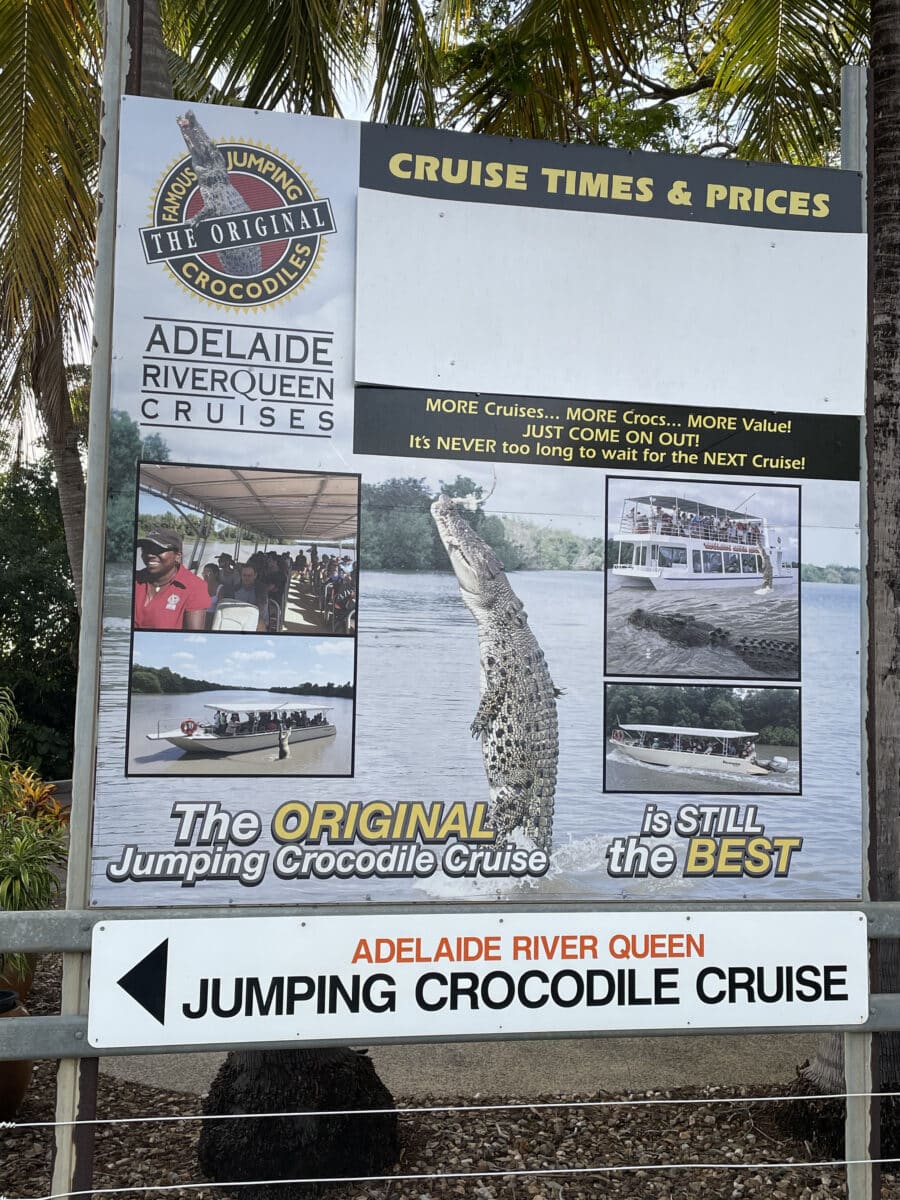 Sign indicating the Adelaide River Original Jumping Croc Cruise