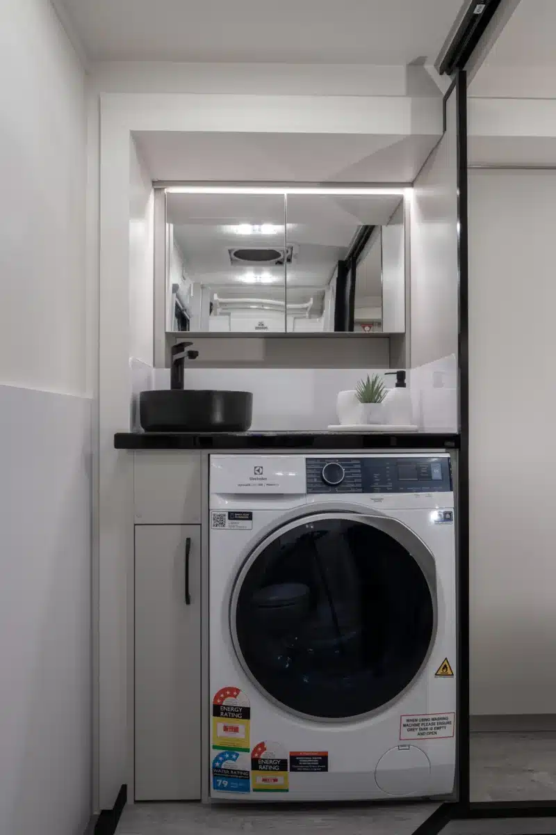 Ensuite with washer and vanity in the Paradise Independence Platinum motorhome