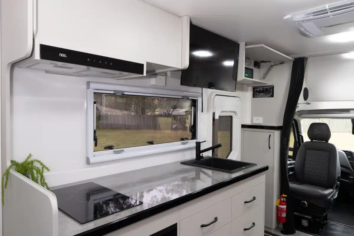 Kitchen bench and cooktop layout in the Paradise Independence Platinum motorhome