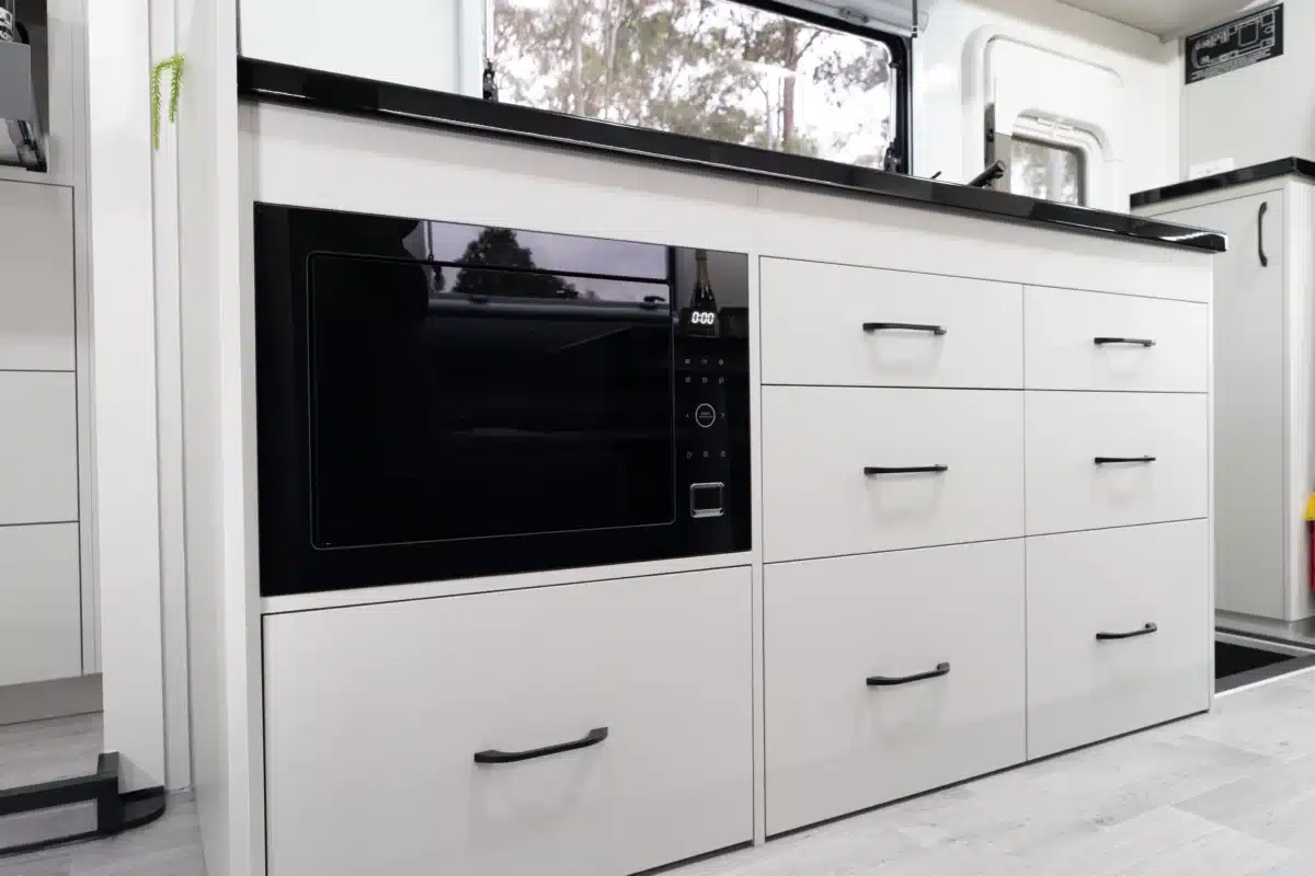Kitchen drawers and cabinetry inside the Paradise Independence Platinum motorhome