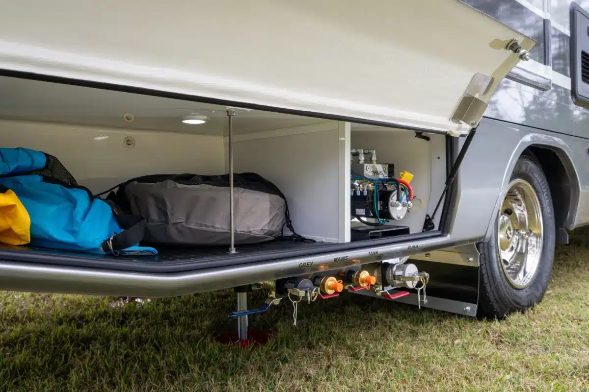 Rear storage compartment and service connections on the Paradise Independence Platinum motorhome
