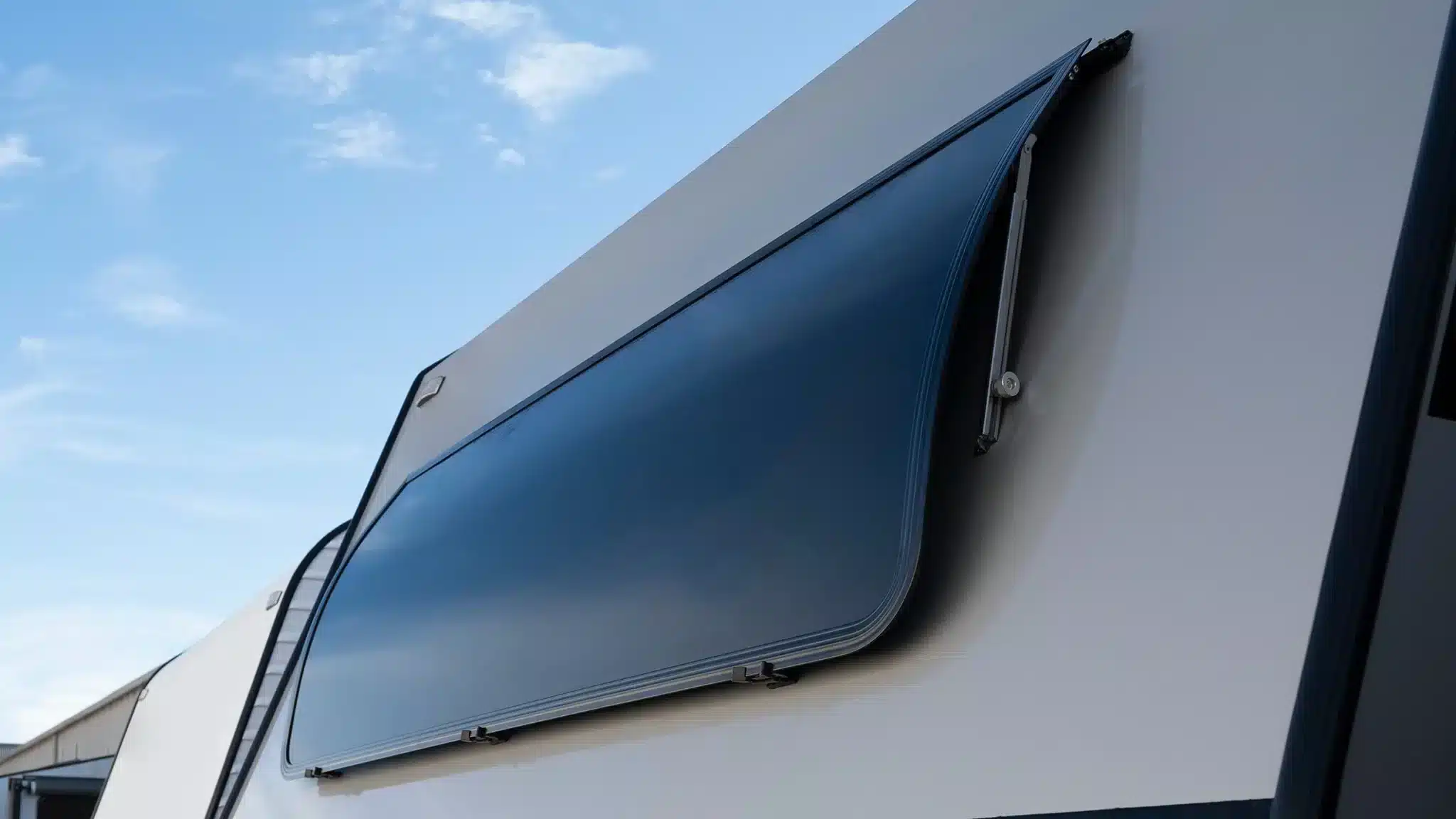 Caravan window shade in use on caravan