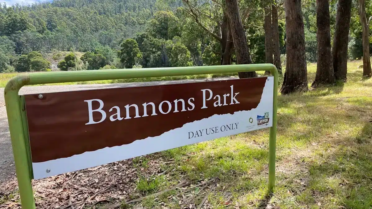 Bannons Park sign at a council-managed freedom camping site on Tasmania’s Central Coast