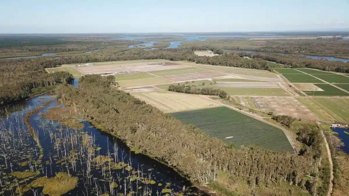 Aerial view of rural land and waterways in the Coochin Creek area on the Sunshine Coast