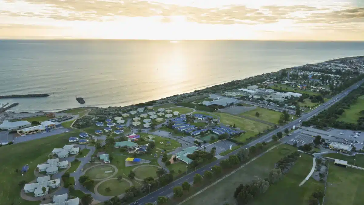 Aerial view of West Beach coastline and surrounding holiday park near Adelaide