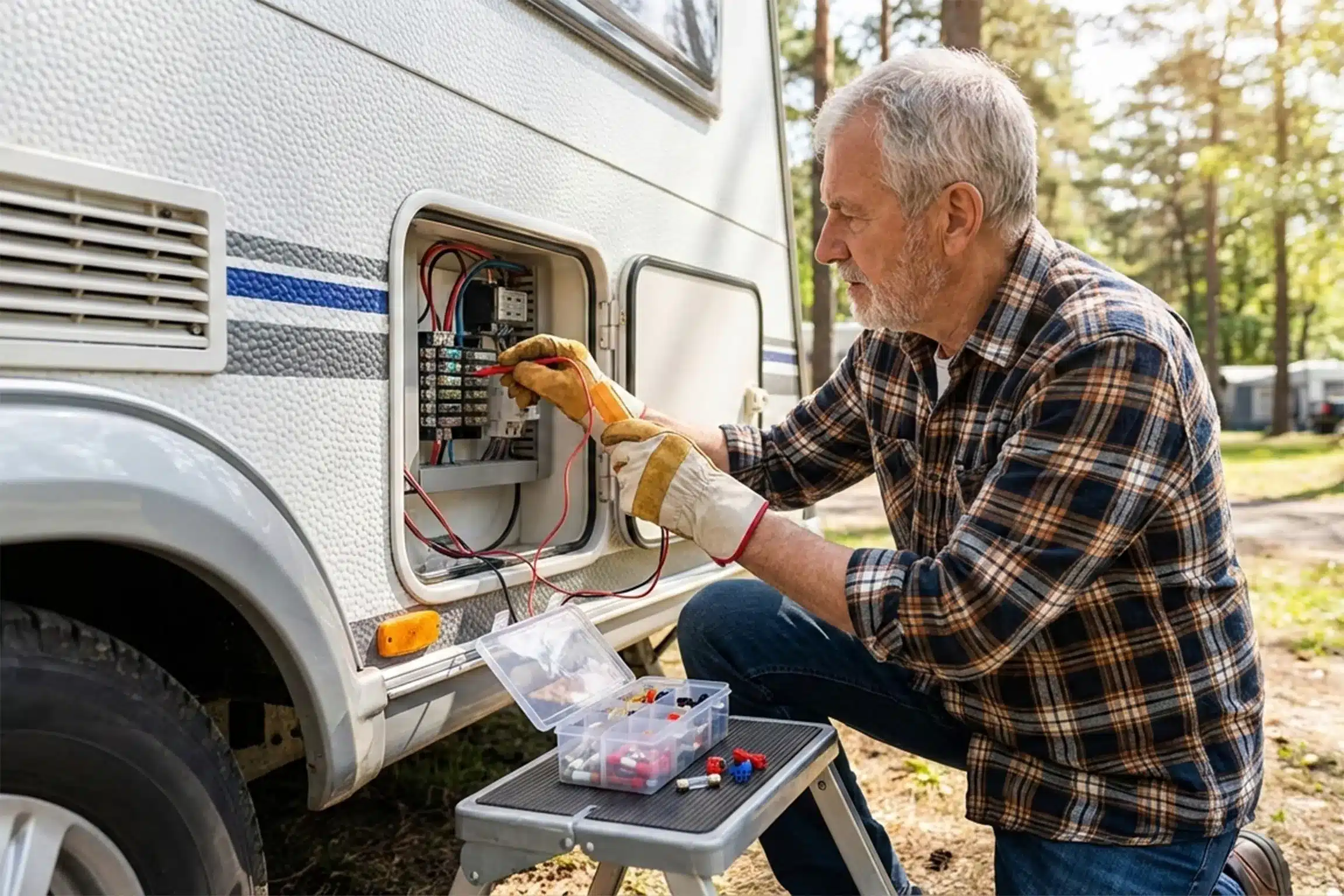 Caravan owner checking electrical connections and spare fuses