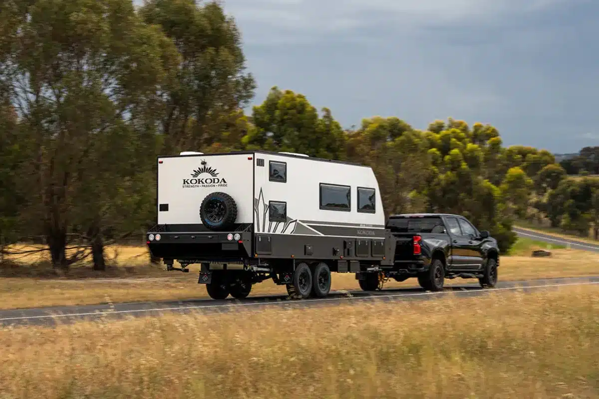 kokoda xcore m.i.a caravan on road being towed