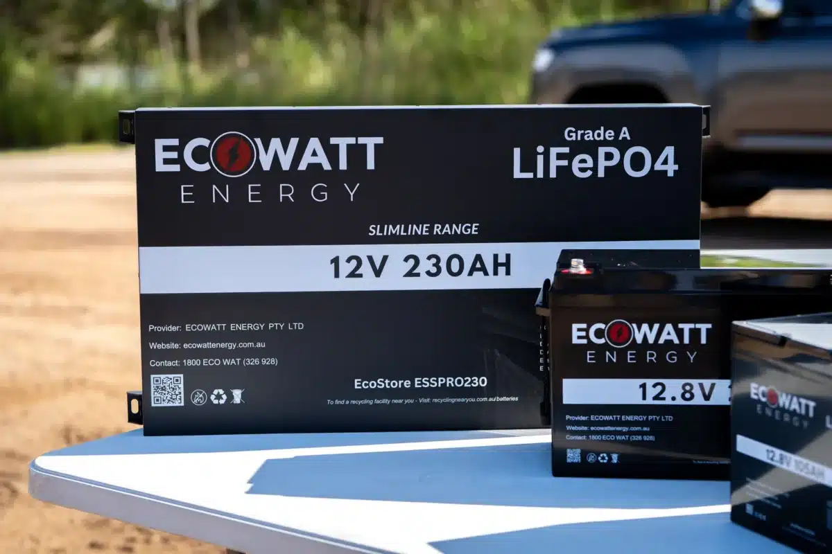EcoWatt EcoStore Slimline PRO 230Ah lithium battery alongside smaller EcoWatt battery models