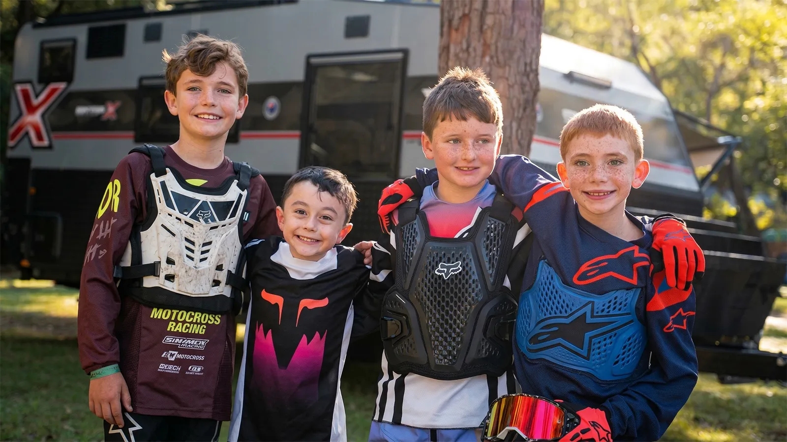 Kids in motocross gear standing near a caravan during a family  caravan holiday