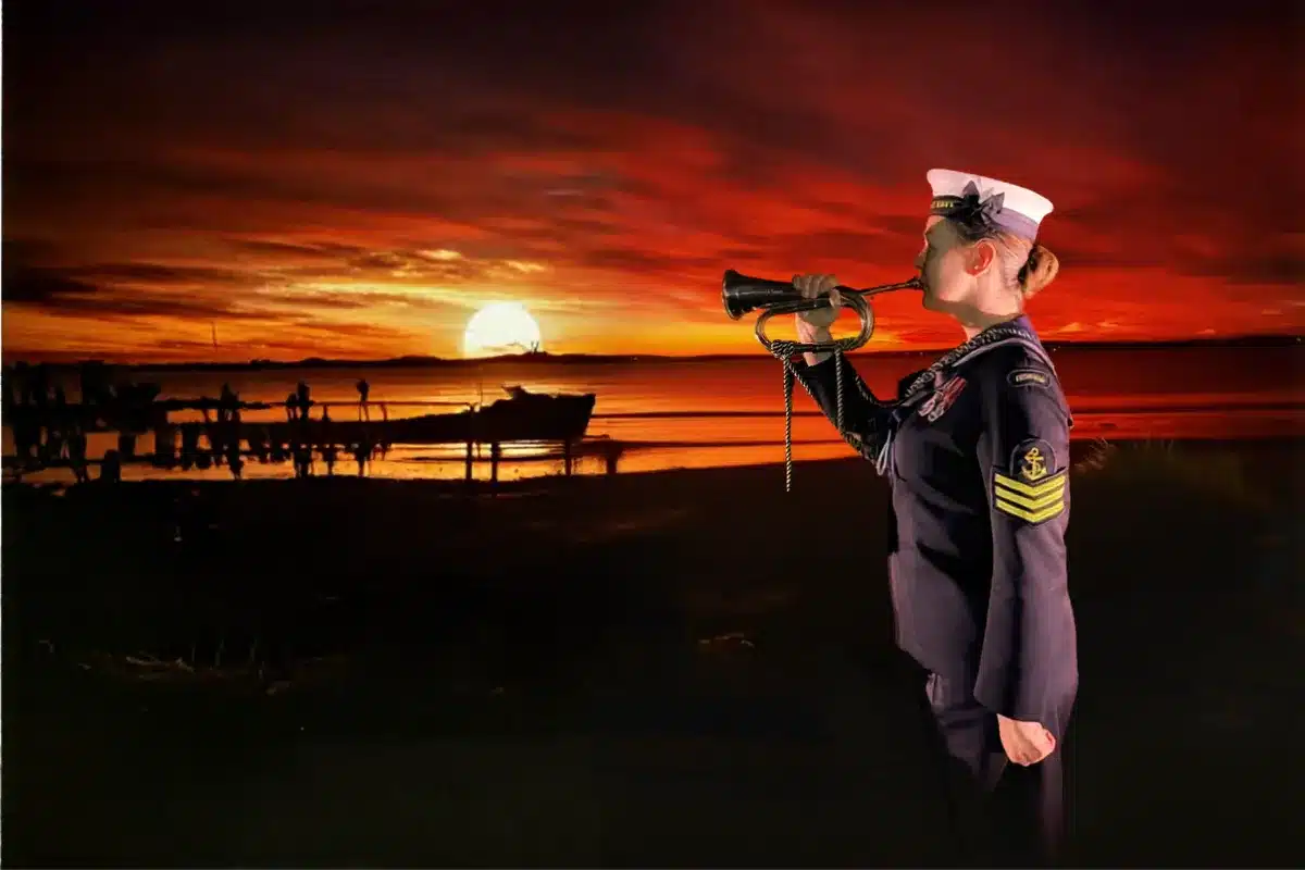 wr memorial at dawn with red sky bugle being played